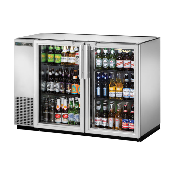 True TBB-24GAL-48G-S-HC-LD 48" Stainless Steel Glass 2-Door Back Bar Refrigerator With Galvanized Top & LED Lighting