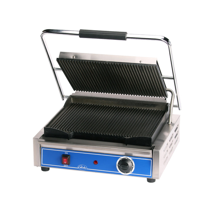 Globe 14" x 10" Electric Single Panini Grill with Grooved Plates - GPG1410-C