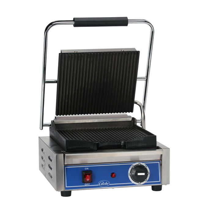 Globe 10" x 10" Electric Single Panini Grill with Grooved Plates - GPG10-C