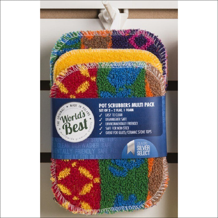 World's Best Flat Pot Scrubbers. Dishwasher Safe. Assorted Colors (3)