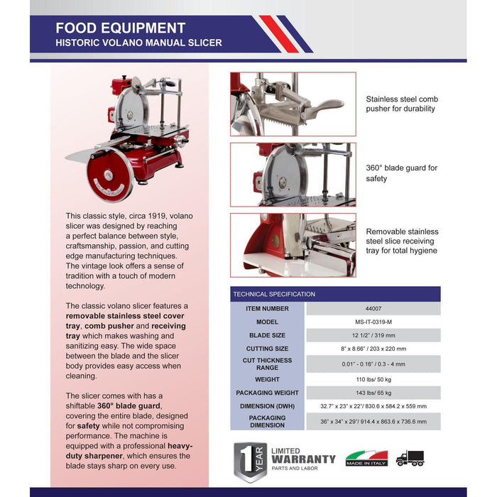 Nella 12.5" Manual Historic Volano Omas Meat Slicer - 44007