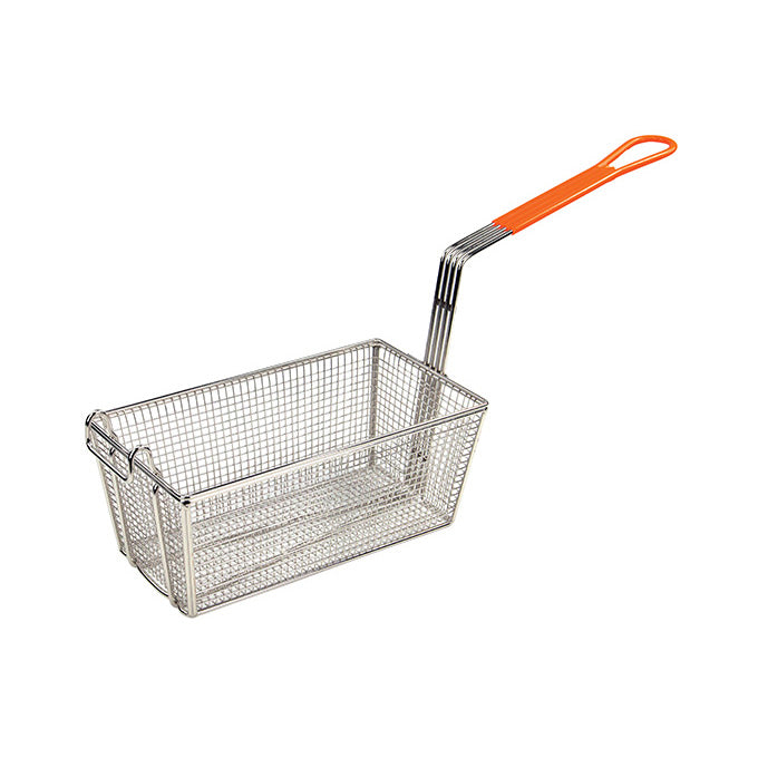 Winco FB-10 12" x 6.5" Nickel Plated Fry Basket with Plastic Orange Handle