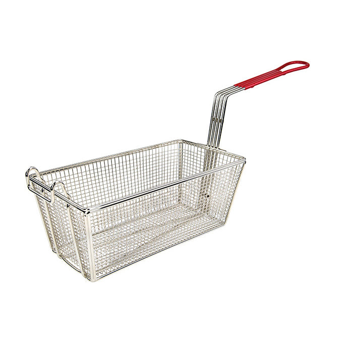 Winco FB-25 12" x 6.5" Nickel Plated Fry Basket with Plastic Red Handle