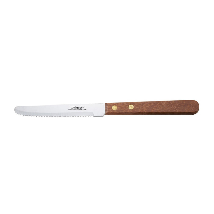 Winco K-55W 4.5" Round Tip Serrated Blade Steak Knife with Wooden Handle - 12/Case