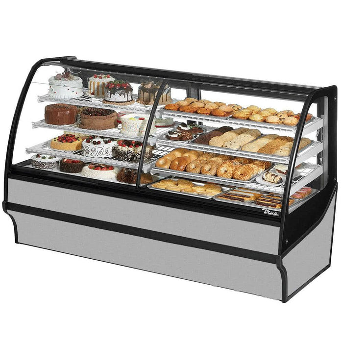 True TDM-DZ-77-GE/GE 77" Stainless Steel Curved Glass Dual Zone Refrigerated Bakery Display Case With White Interior