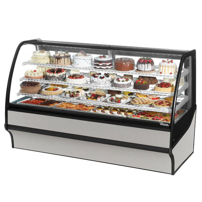 True TDM-R-77-GE/GE 77" Stainless Steel Curved Glass Refrigerated Bakery Display Case With Stainless Steel Interior